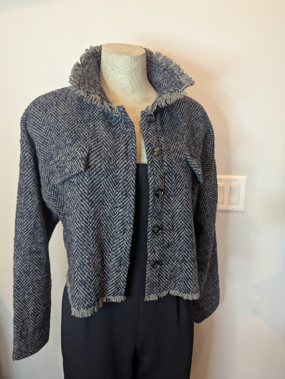 Sage The Label Jacket Women Gray Wool Blend Cropped Herringbone Tweed size L - Picture 5 of 10